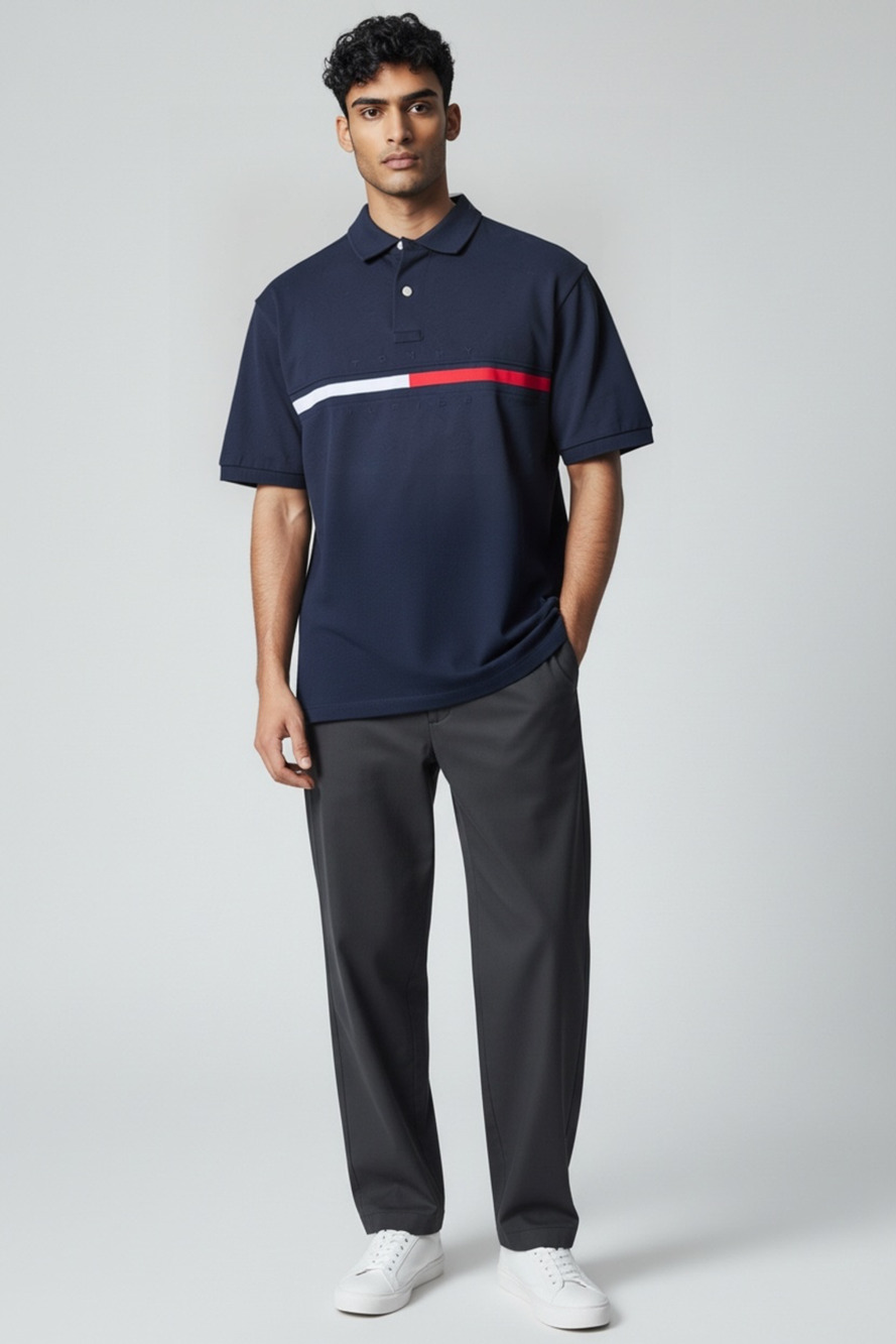 Tommy Hilfiger Embroidered Stripe Polo Size M Navy